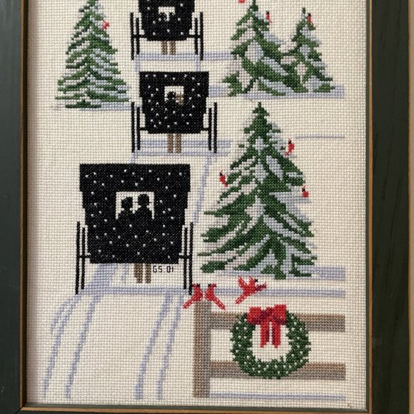 Vintage Cross Stitch Holiday Memories Sampler Framed Wall Art Carriages Trees - Picture 4 of 8